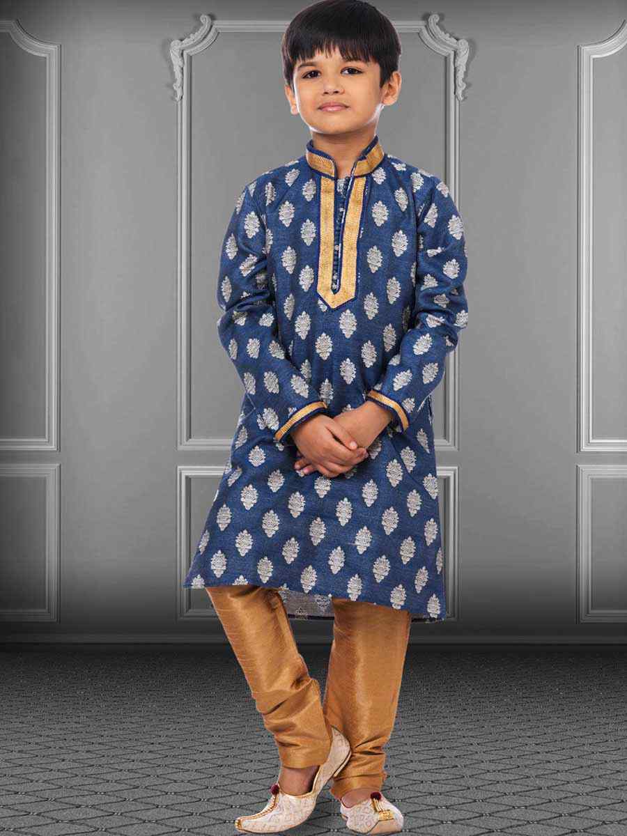 Blue Jacquard Silk Embroidered Festival Kurta Pyjama Boys Wear