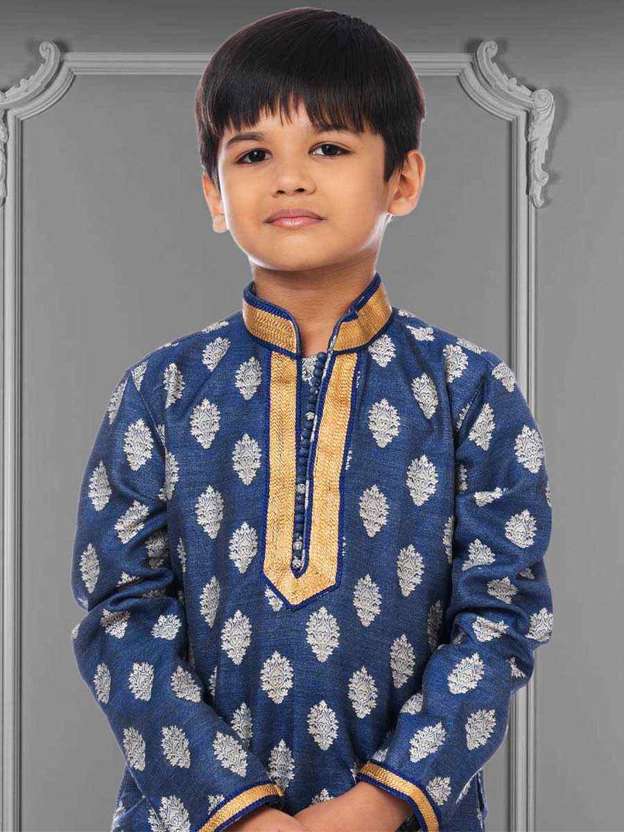 Blue Jacquard Silk Embroidered Festival Kurta Pyjama Boys Wear