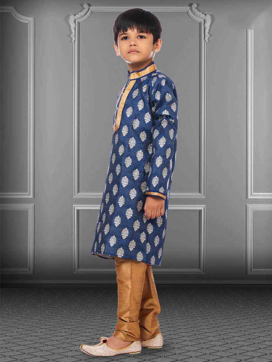 Blue Jacquard Silk Embroidered Festival Kurta Pyjama Boys Wear