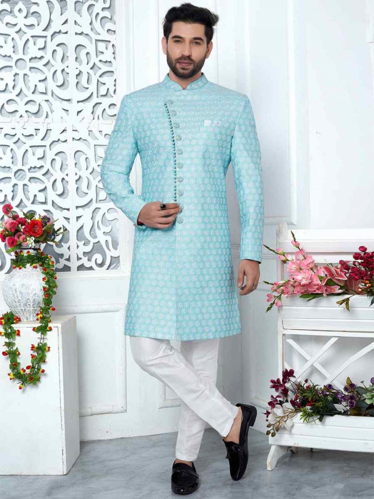 Blue Jacquard Silk Embroidered Groom Wedding Sherwani