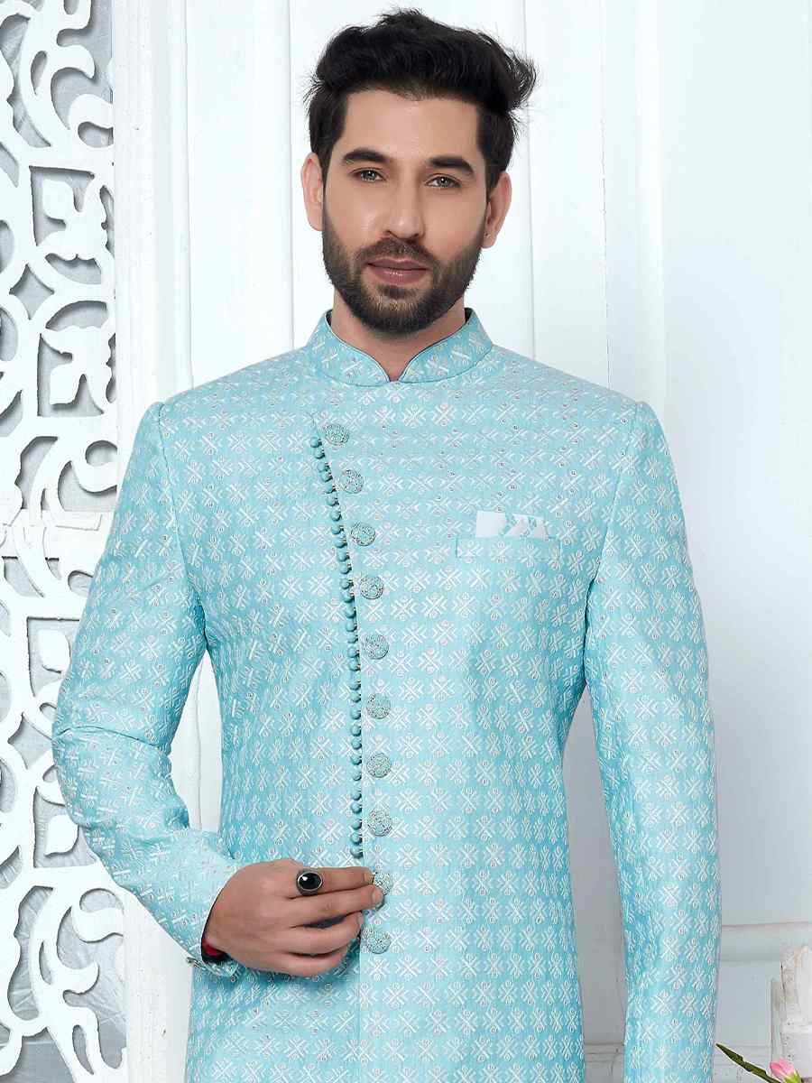 Blue Jacquard Silk Embroidered Groom Wedding Sherwani