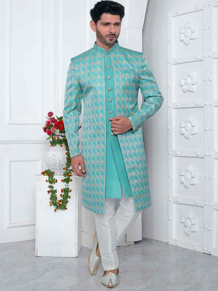 Blue Jacquard Silk Embroidered Groom Wedding Sherwani