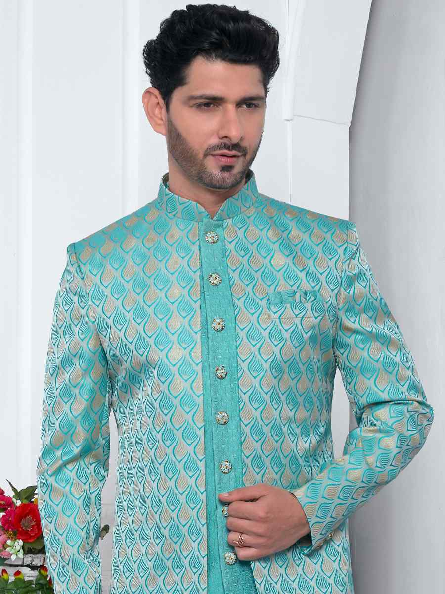 Blue Jacquard Silk Embroidered Groom Wedding Sherwani