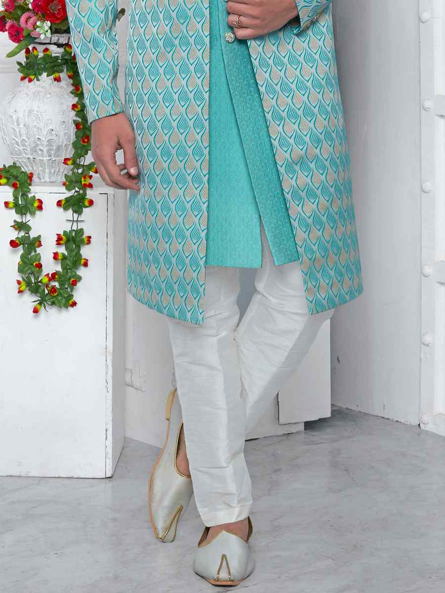 Blue Jacquard Silk Embroidered Groom Wedding Sherwani