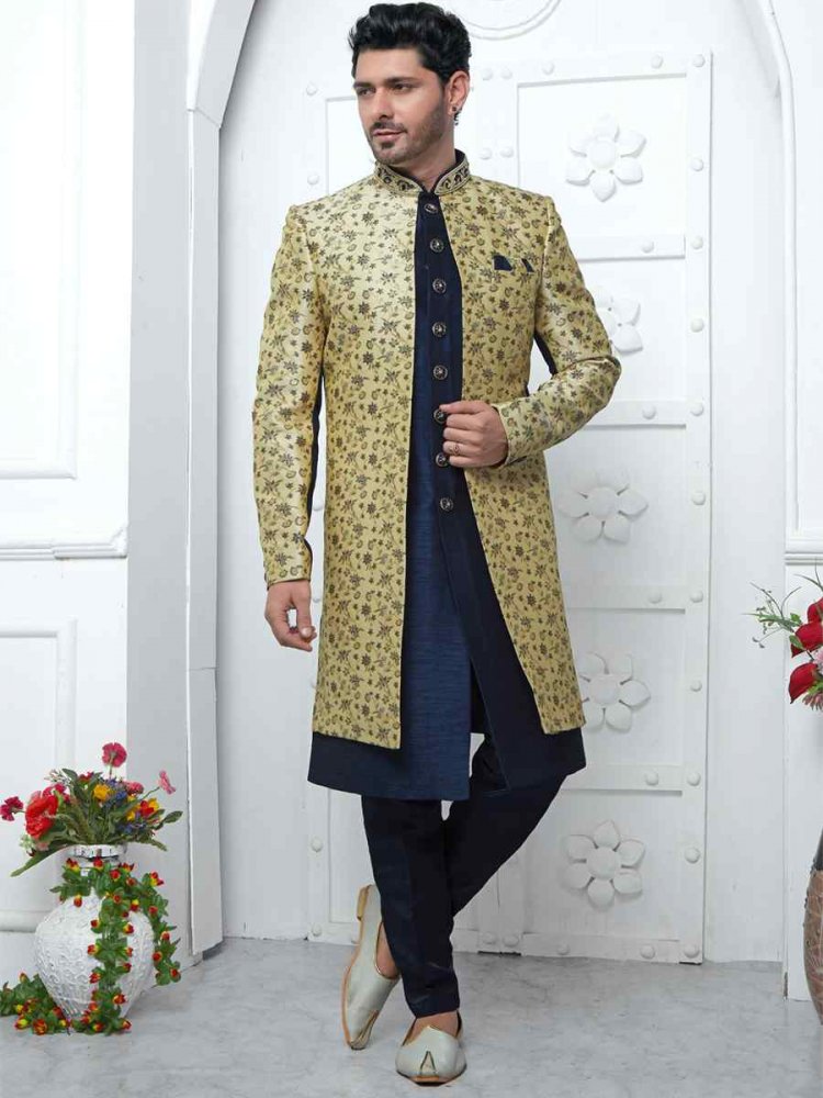 Blue Jacquard Silk Embroidered Groom Wedding Sherwani