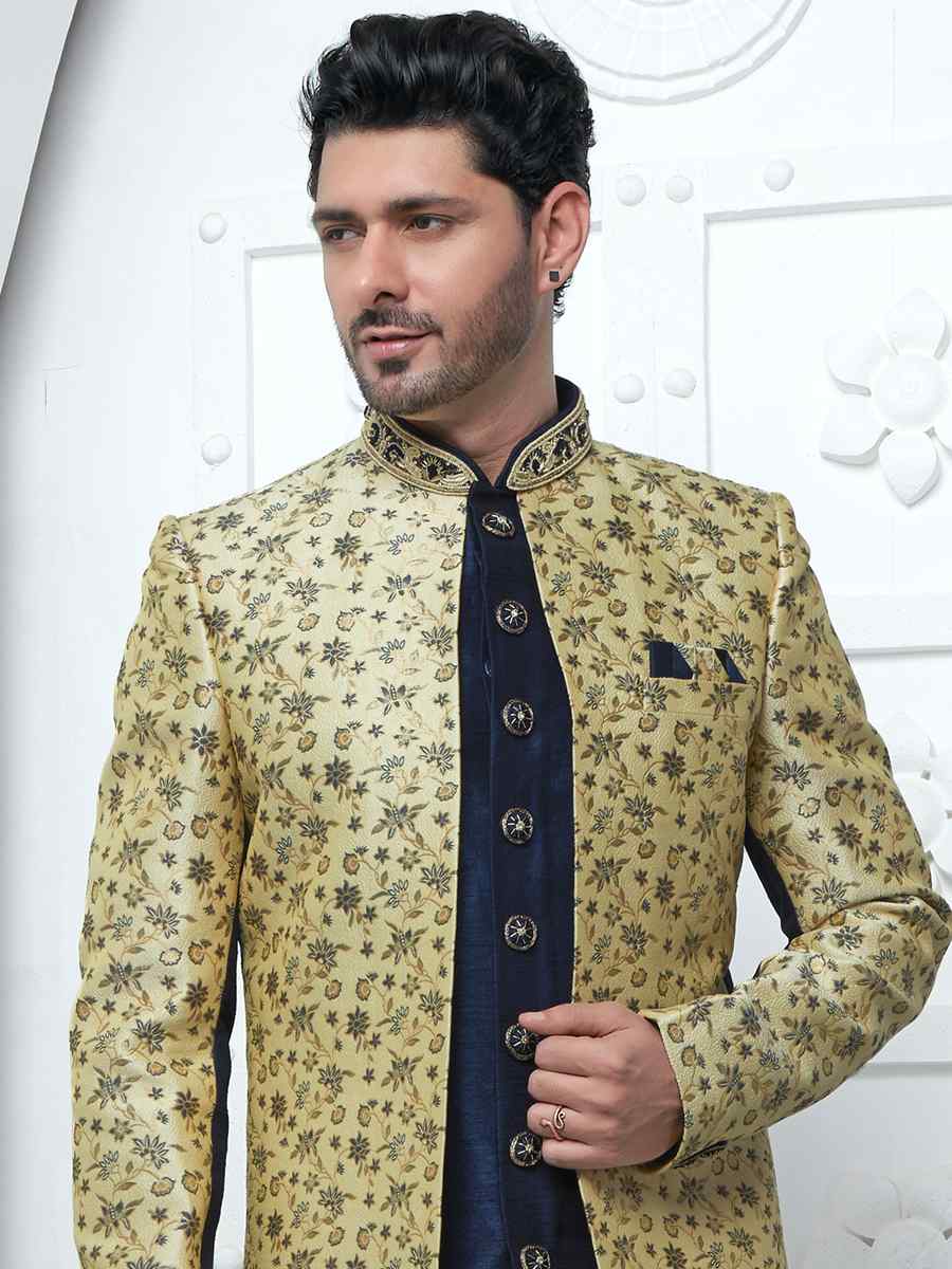 Blue Jacquard Silk Embroidered Groom Wedding Sherwani