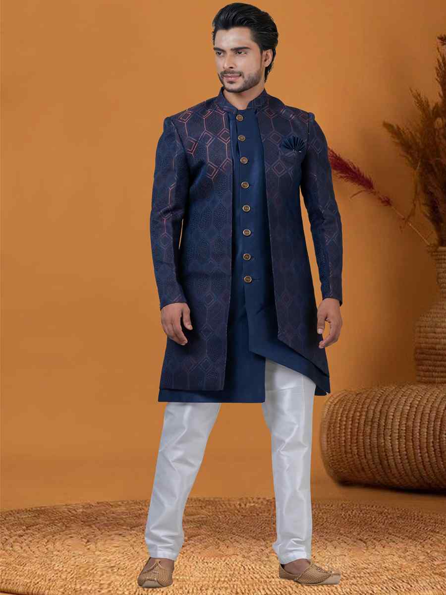 Blue Jacquard Silk Woven Groom Wedding Sherwani