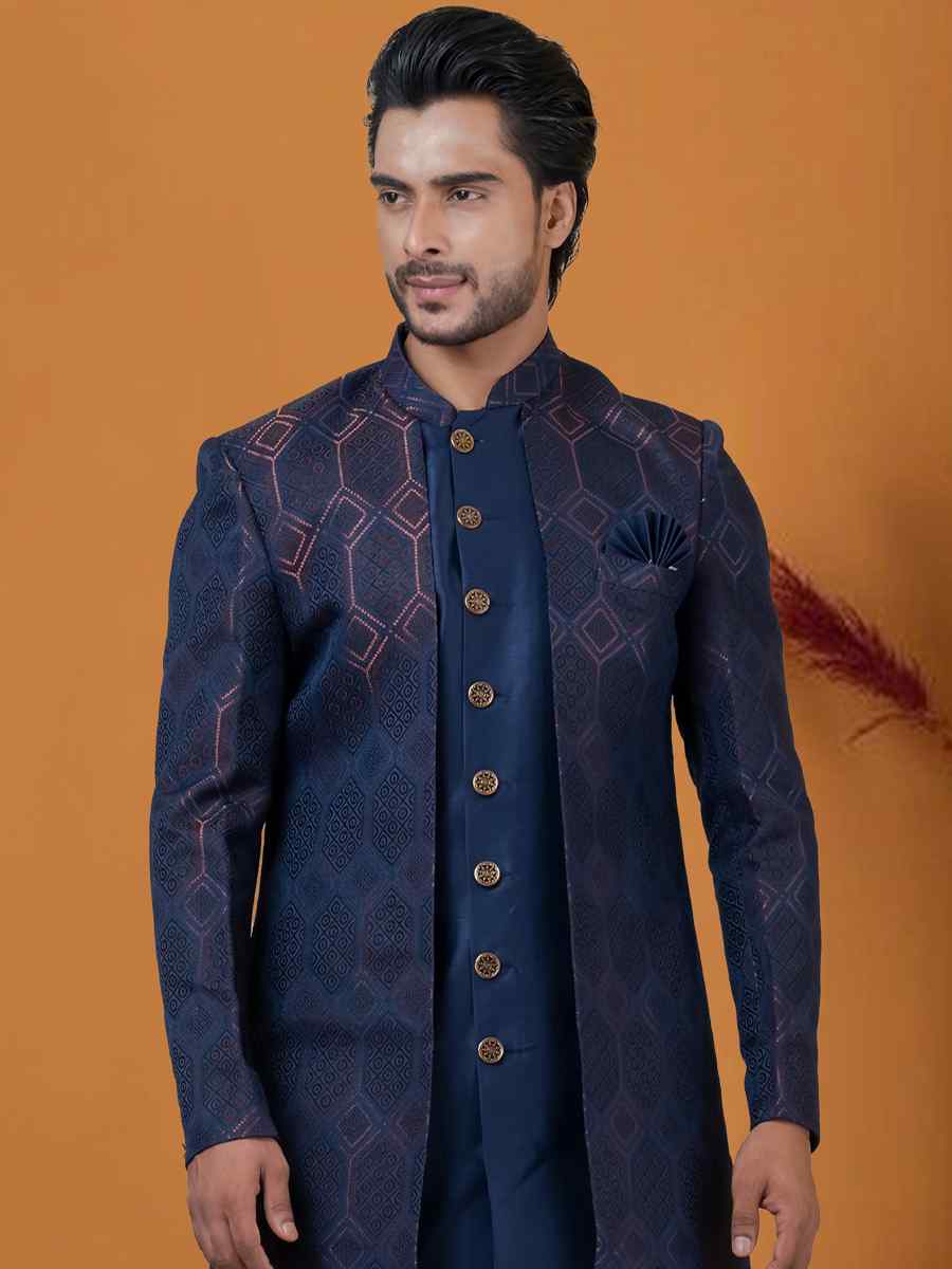 Blue Jacquard Silk Woven Groom Wedding Sherwani