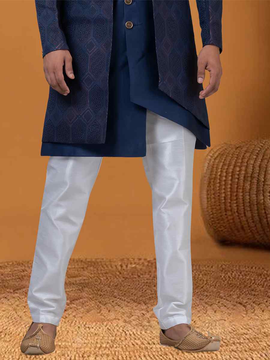 Blue Jacquard Silk Woven Groom Wedding Sherwani