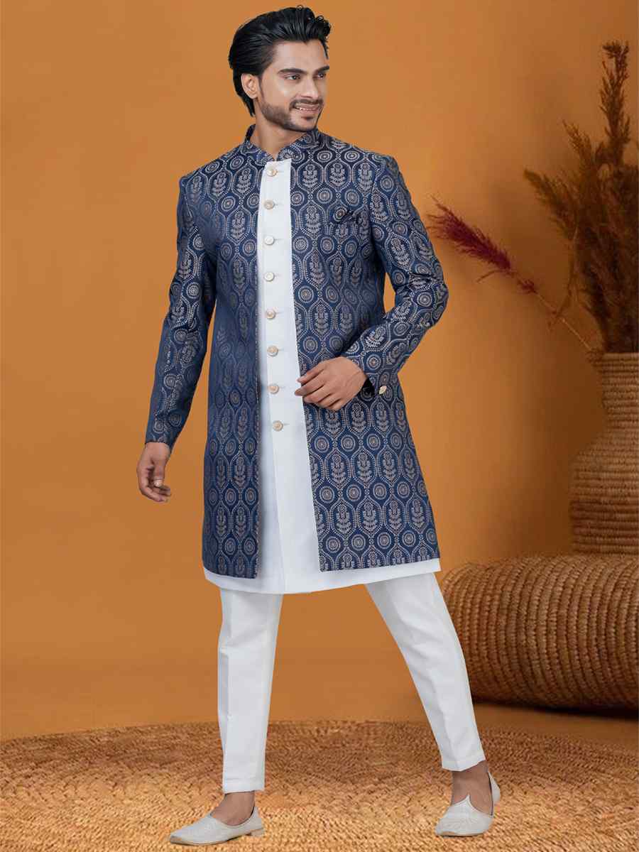 Blue Jacquard Silk Woven Groom Wedding Sherwani