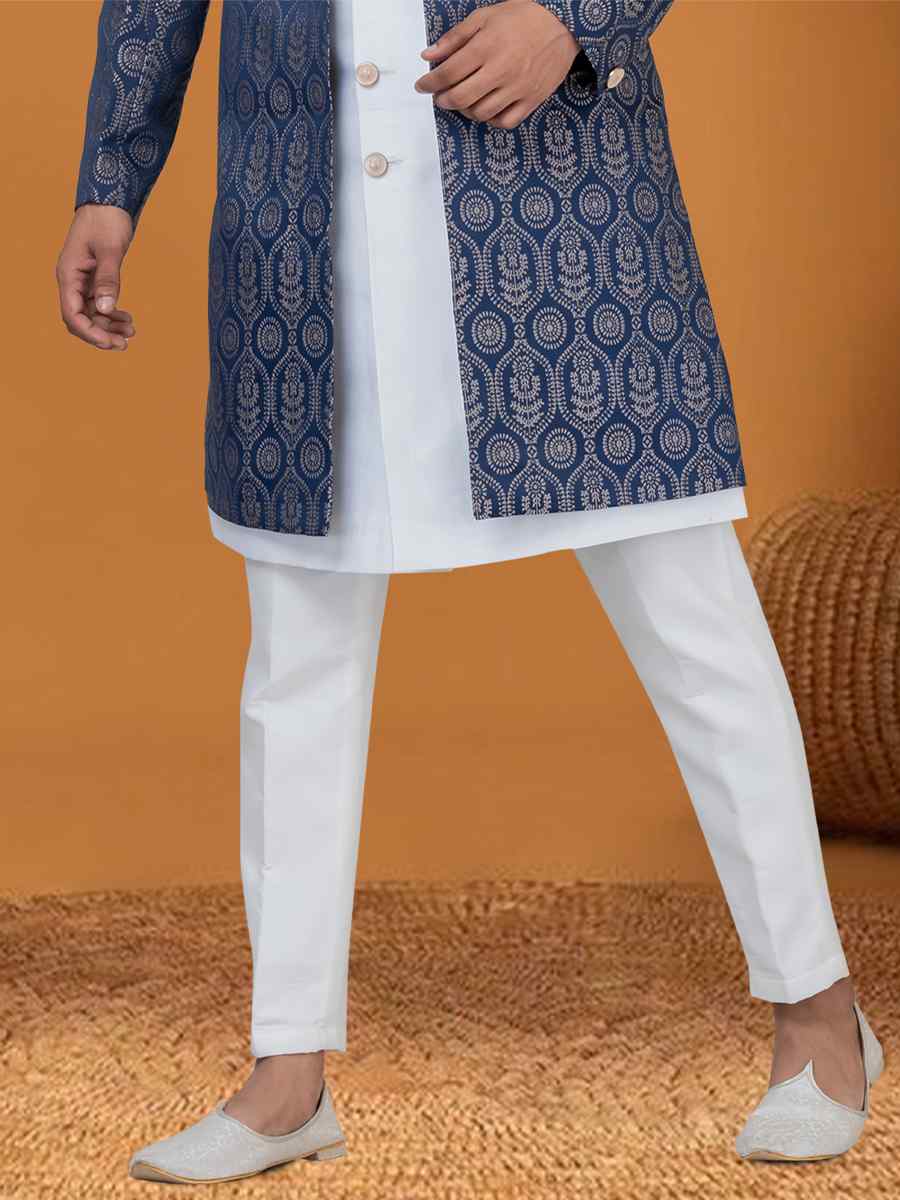 Blue Jacquard Silk Woven Groom Wedding Sherwani