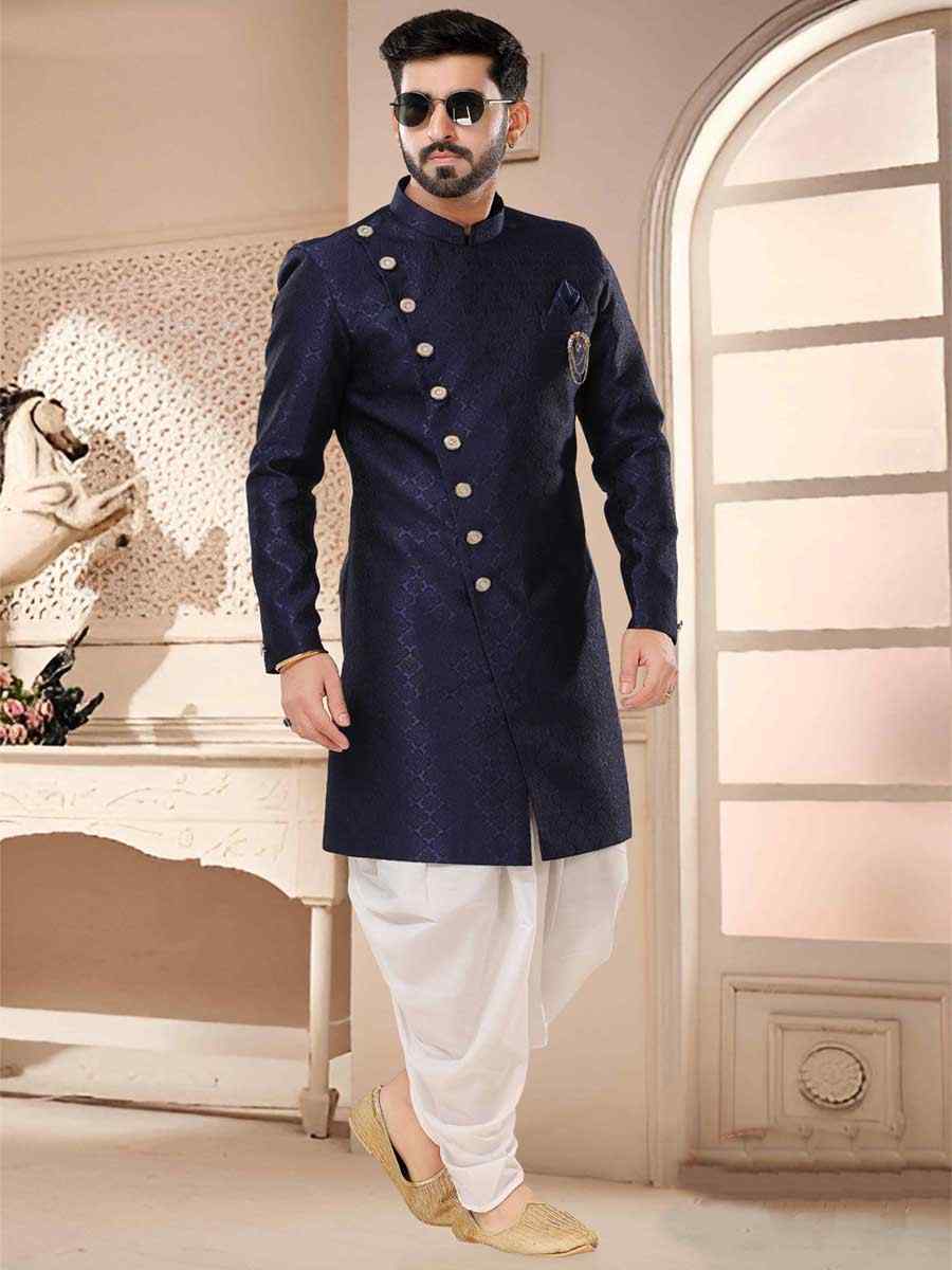 Blue Jacquard Woven Festival Wedding Kurta