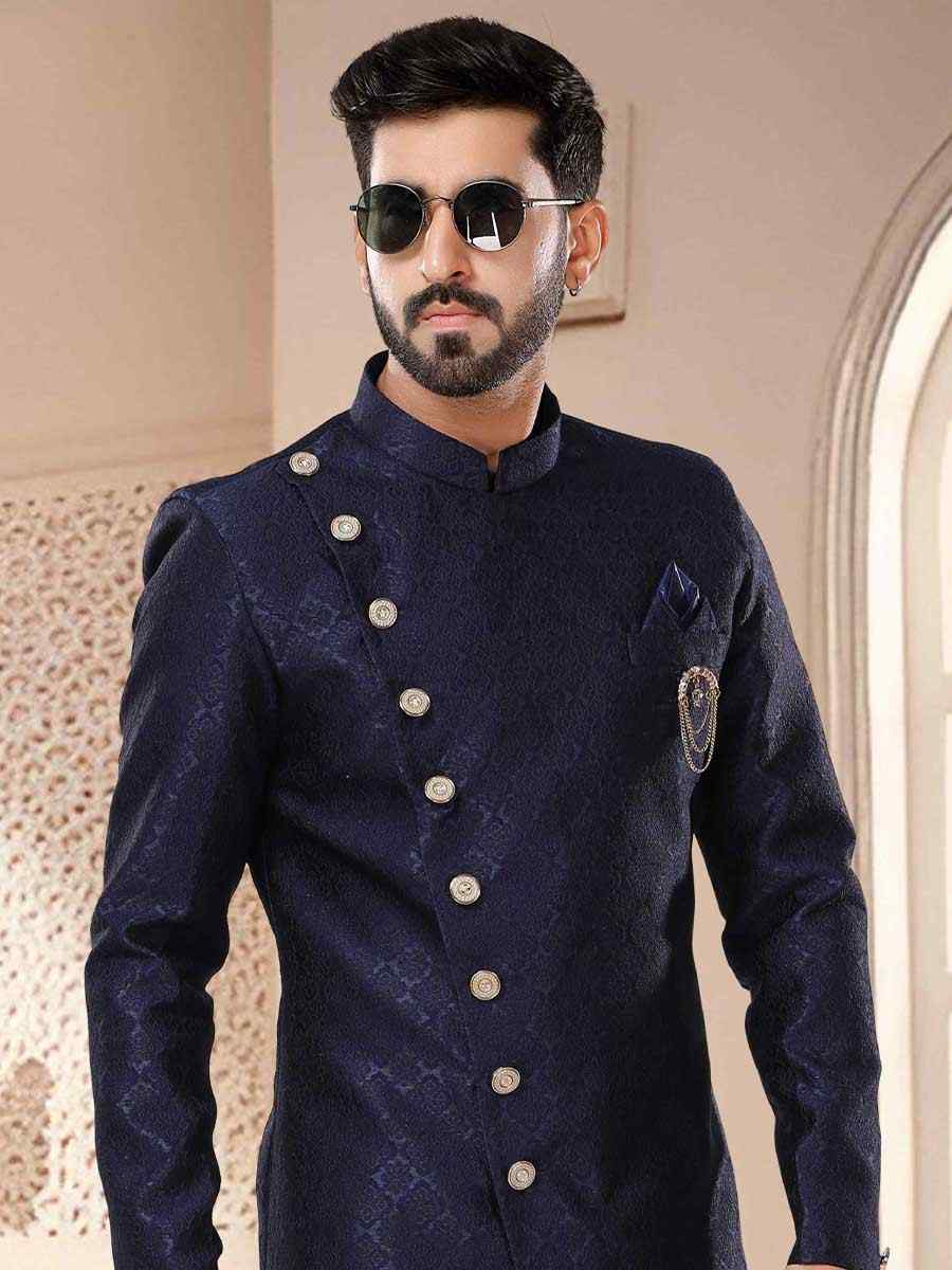 Blue Jacquard Woven Festival Wedding Kurta