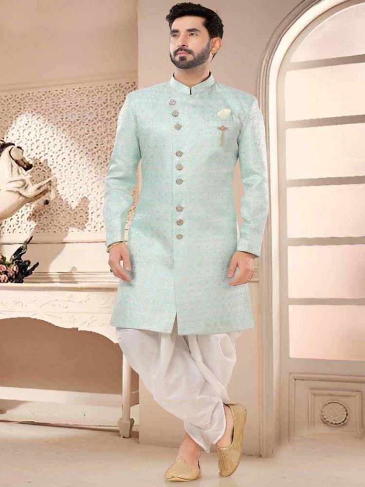 Blue Jacquard Woven Festival Wedding Kurta