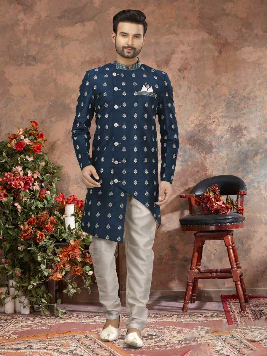 Blue Jacquard Woven Festival Wedding Sherwani