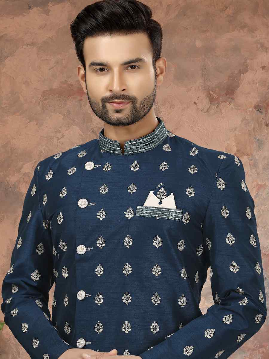 Blue Jacquard Woven Festival Wedding Sherwani
