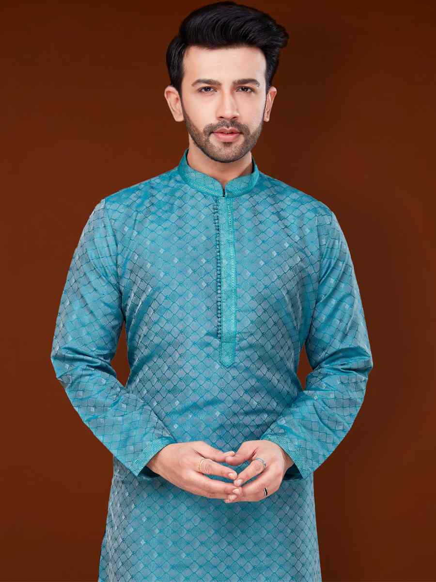 Blue Jacquard Woven Wedding Festival Kurta