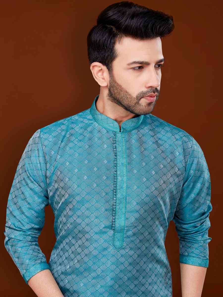 Blue Jacquard Woven Wedding Festival Kurta