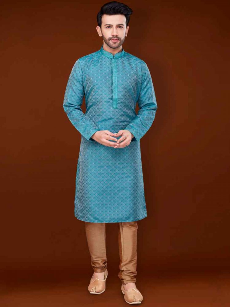 Blue Jacquard Woven Wedding Festival Kurta