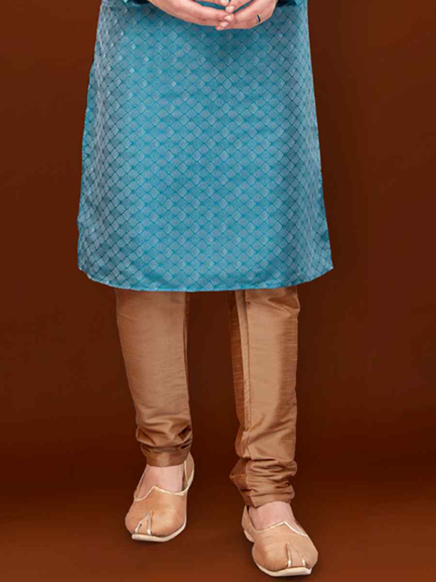 Blue Jacquard Woven Wedding Festival Kurta