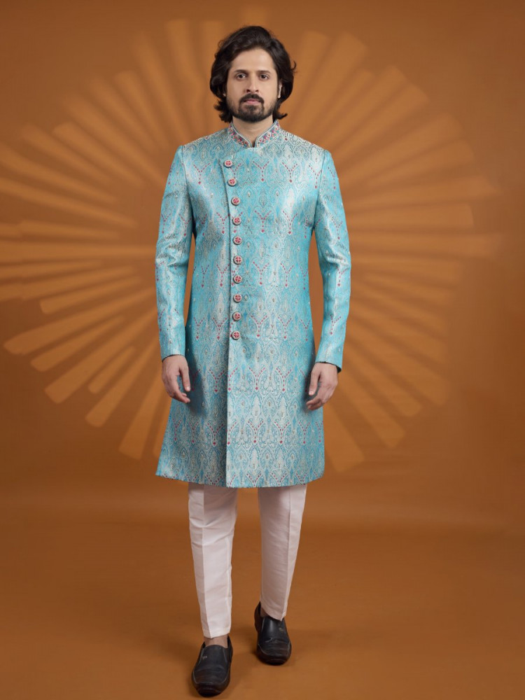 Image of Blue Jacqurd Embroidered Computer Thread work Wedding Party Festival Groom Sherwani