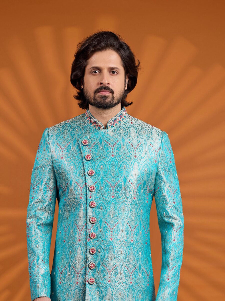 Blue Jacqurd Embroidered Computer Thread work Wedding Party Festival Groom Sherwani