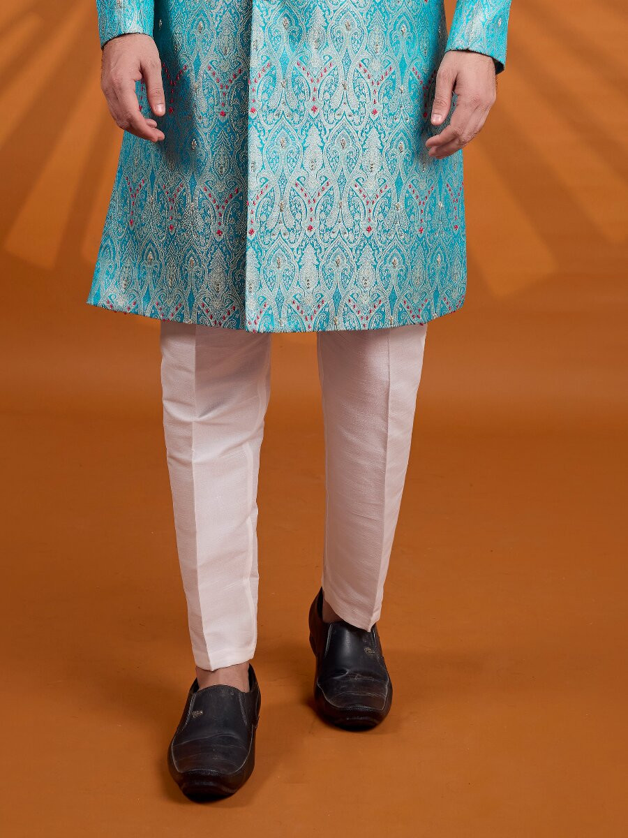Blue Jacqurd Embroidered Computer Thread work Wedding Party Festival Groom Sherwani