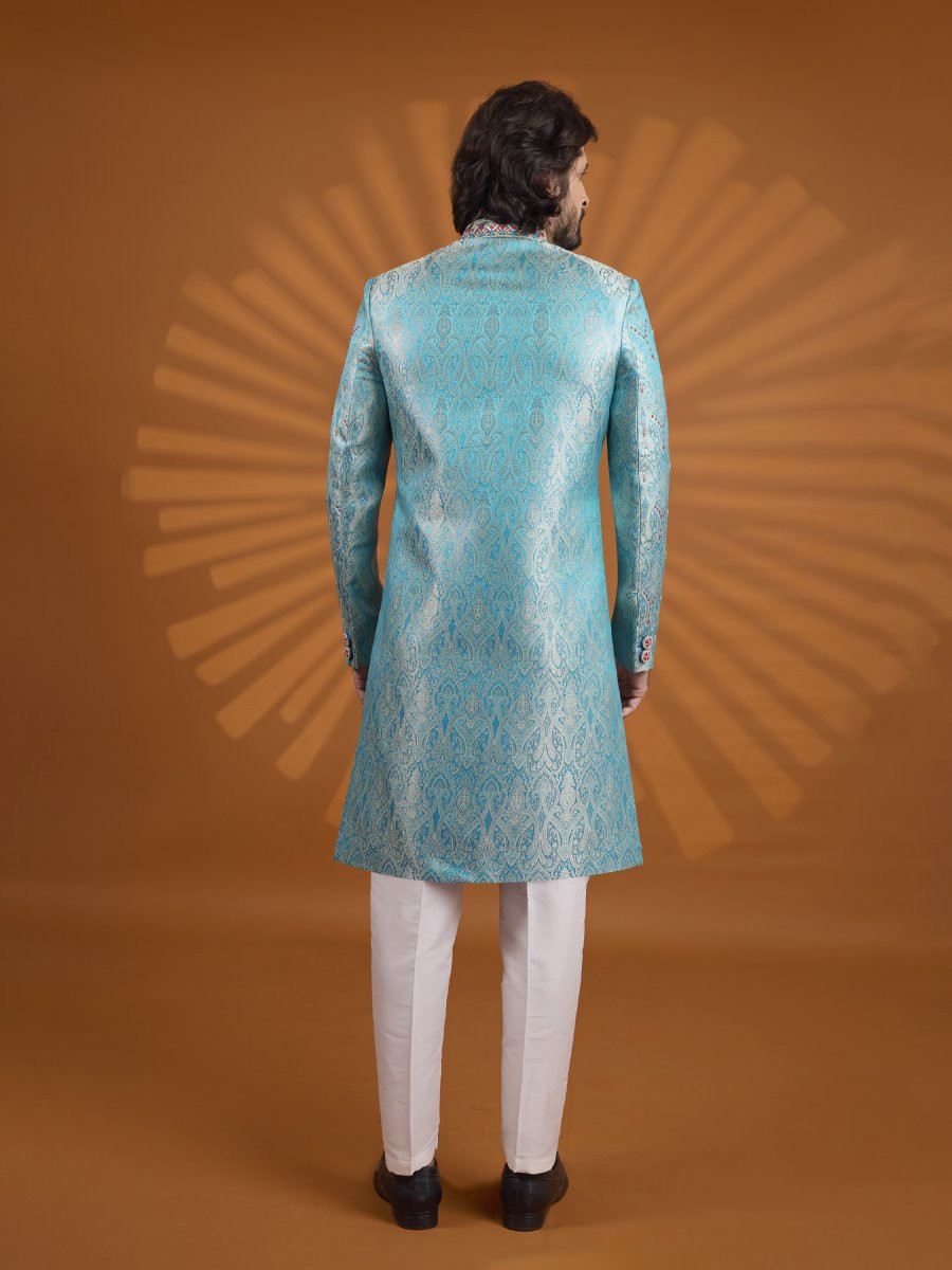 Blue Jacqurd Embroidered Computer Thread work Wedding Party Festival Groom Sherwani