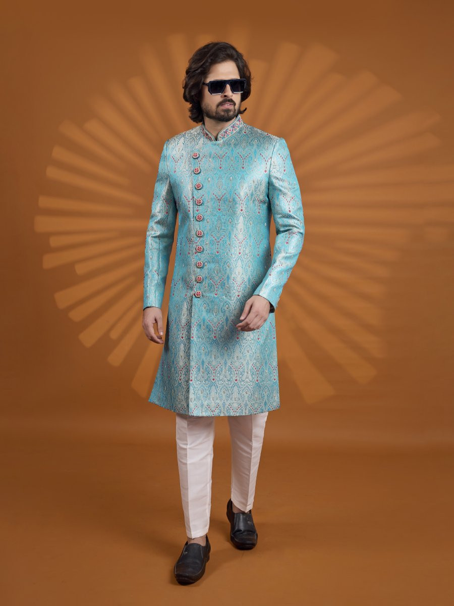 Blue Jacqurd Embroidered Computer Thread work Wedding Party Festival Groom Sherwani