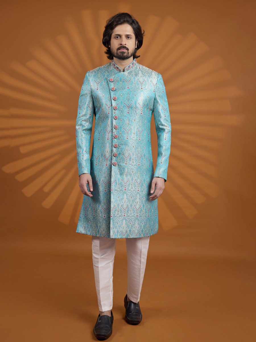 Blue Jacqurd Embroidered Computer Thread work Wedding Party Festival Groom Sherwani