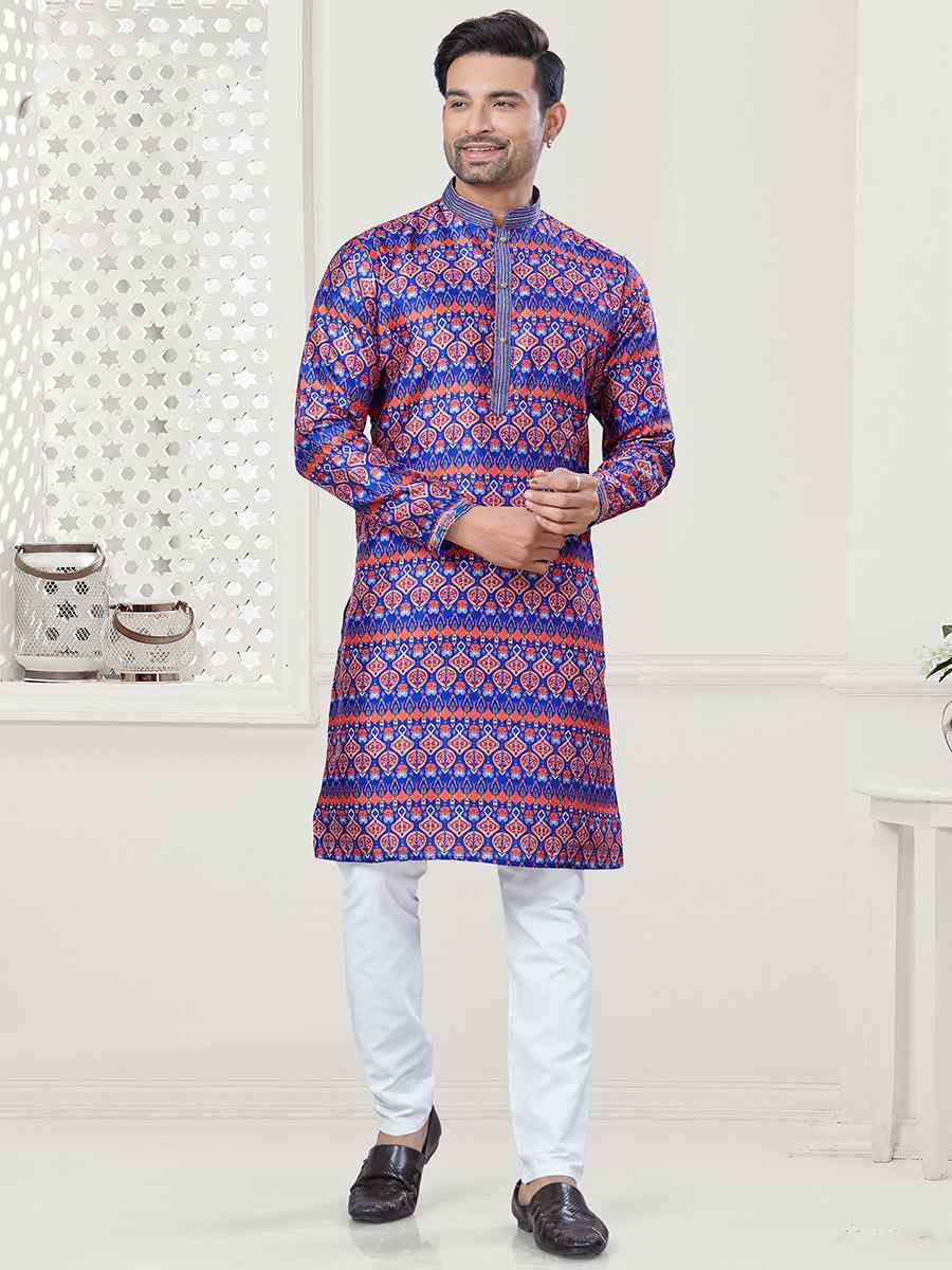Blue Jecquard Silk With Digital Print Festival Casual Kurta