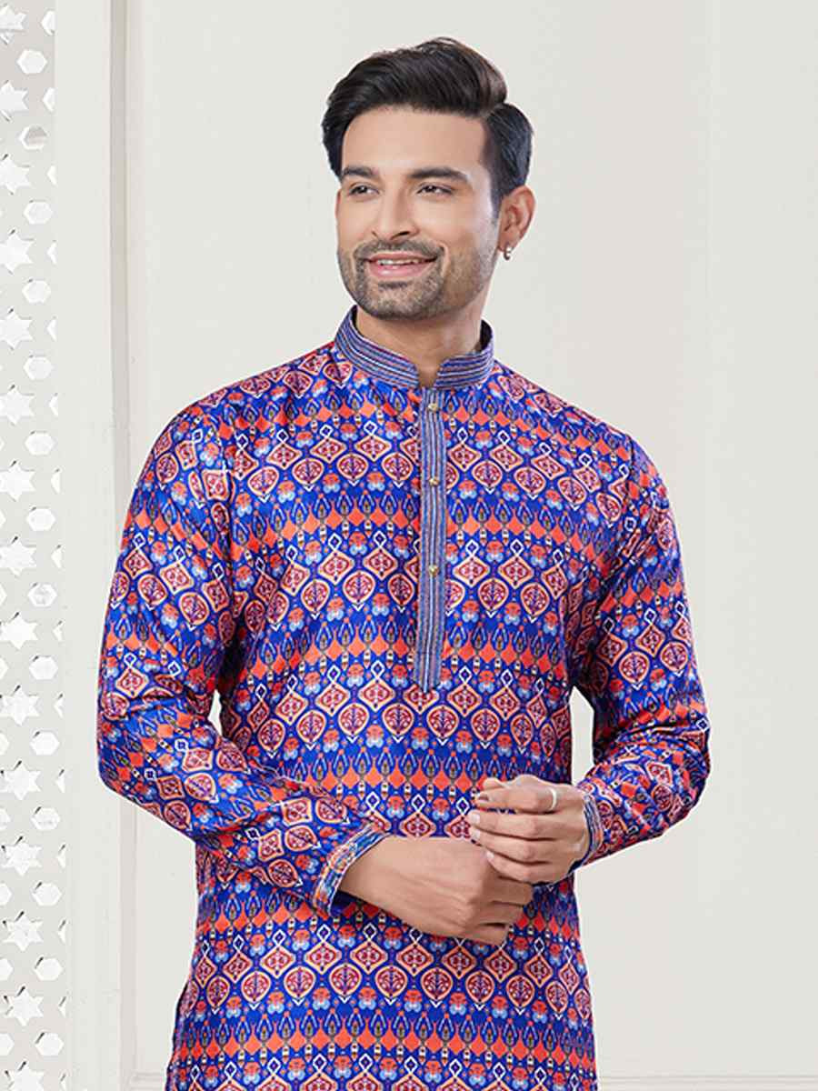 Blue Jecquard Silk With Digital Print Festival Casual Kurta