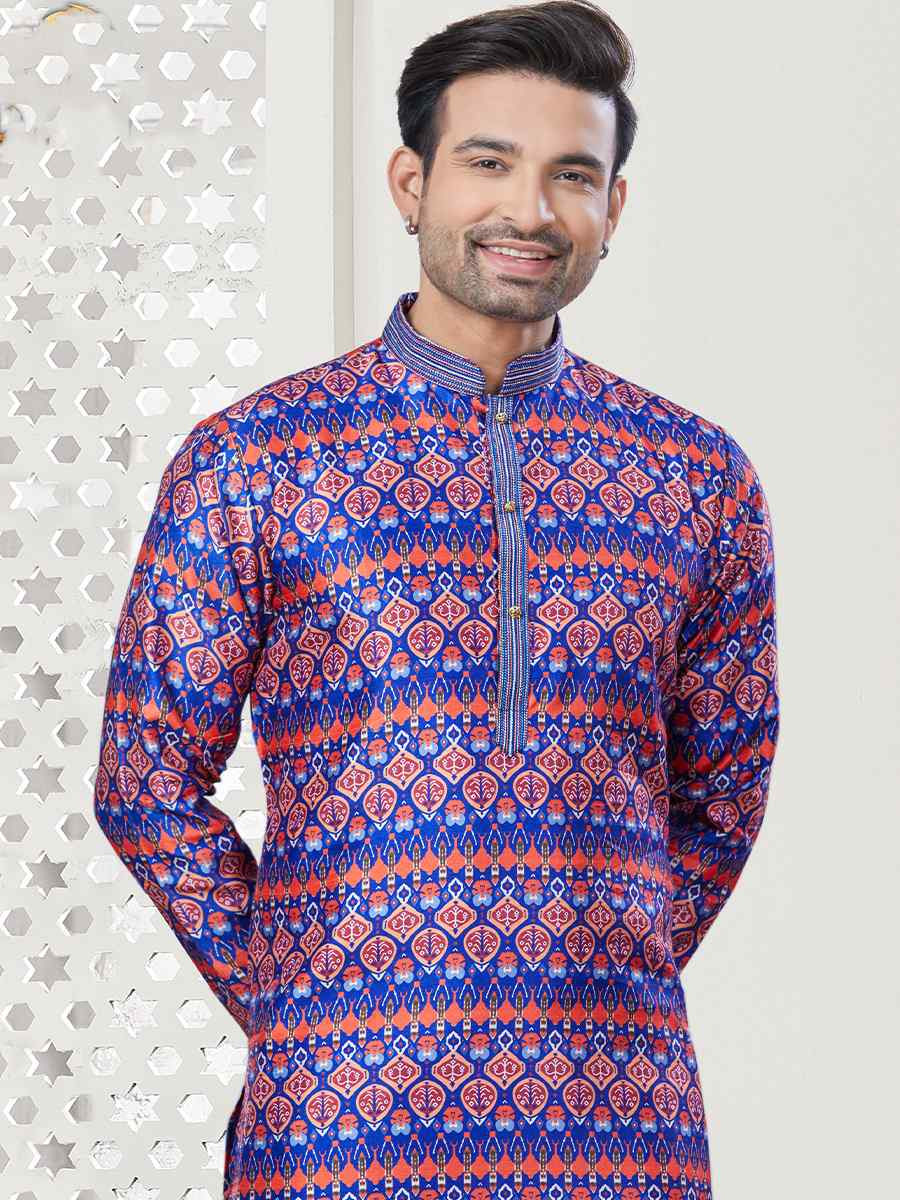 Blue Jecquard Silk With Digital Print Festival Casual Kurta