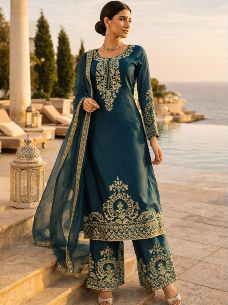 Image of Blue JMC Silk Embroidery Floral Zari Wedding Party Festival Ready Palazzo Pant Salwar Kameez