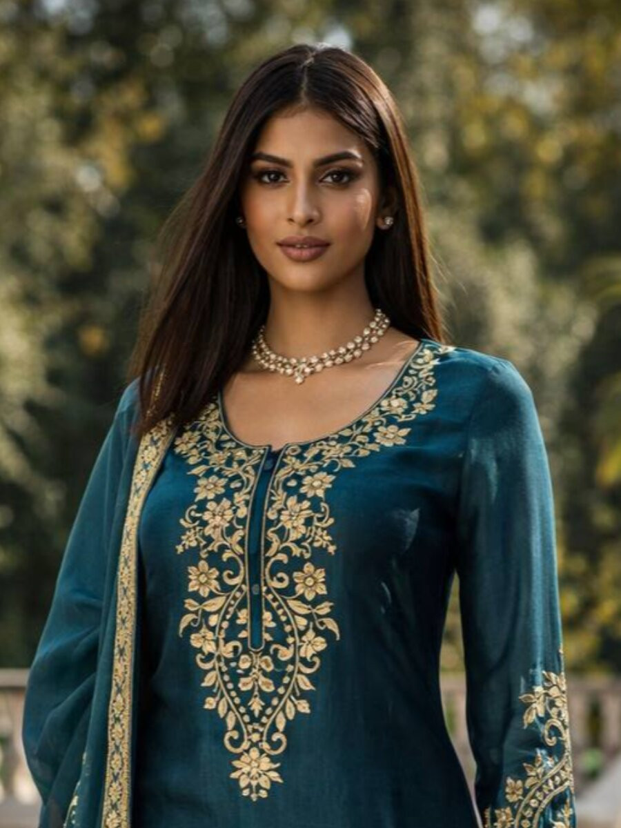 Blue JMC Silk Embroidery Floral Zari Wedding Party Festival Ready Palazzo Pant Salwar Kameez