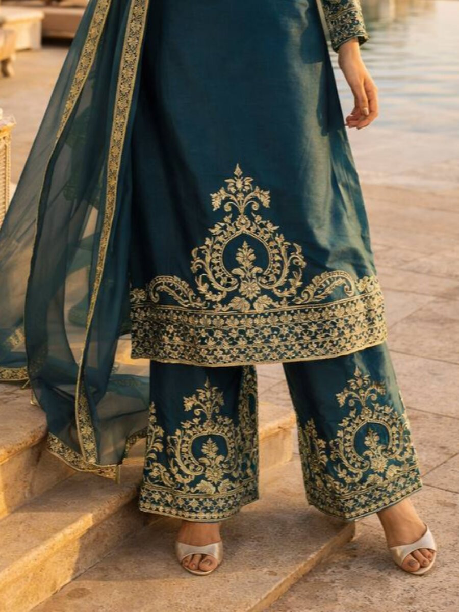 Blue JMC Silk Embroidery Floral Zari Wedding Party Festival Ready Palazzo Pant Salwar Kameez