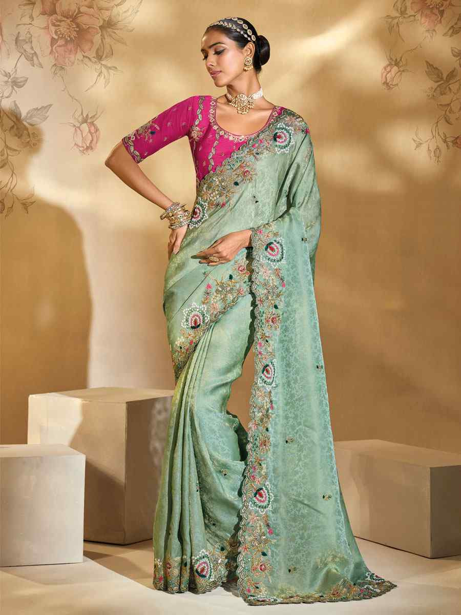Blue Kanjivaram Silk Embroidery Traditional Bridal Reception Festival Wedding Fancy Heavy Border Saree