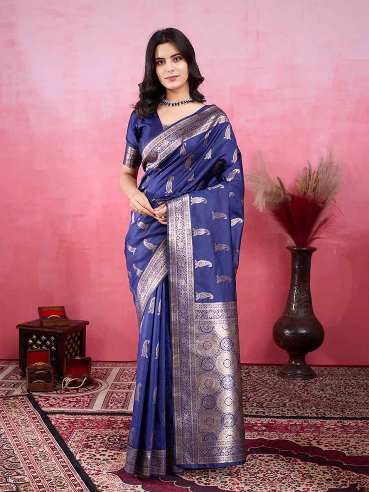Image of Blue Kanjivaram Silk Handwoven Festival Wedding Fancy Heavy Border Saree