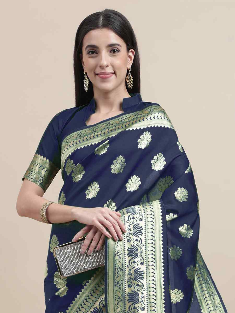 Blue Kanjivaram Silk Handwoven Wedding Festival Heavy Border Saree