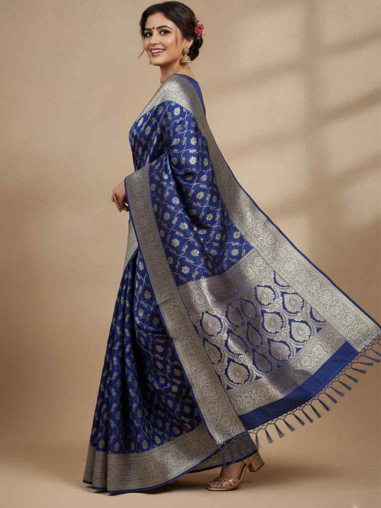 Image of Blue Kanjivaram silk Handwoven Zari Bridal Reception Festival Wedding Fancy Heavy Border Saree
