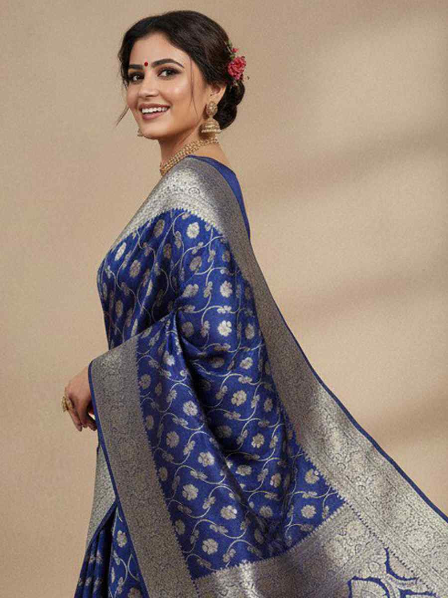 Blue Kanjivaram silk Handwoven Zari Bridal Reception Festival Wedding Fancy Heavy Border Saree