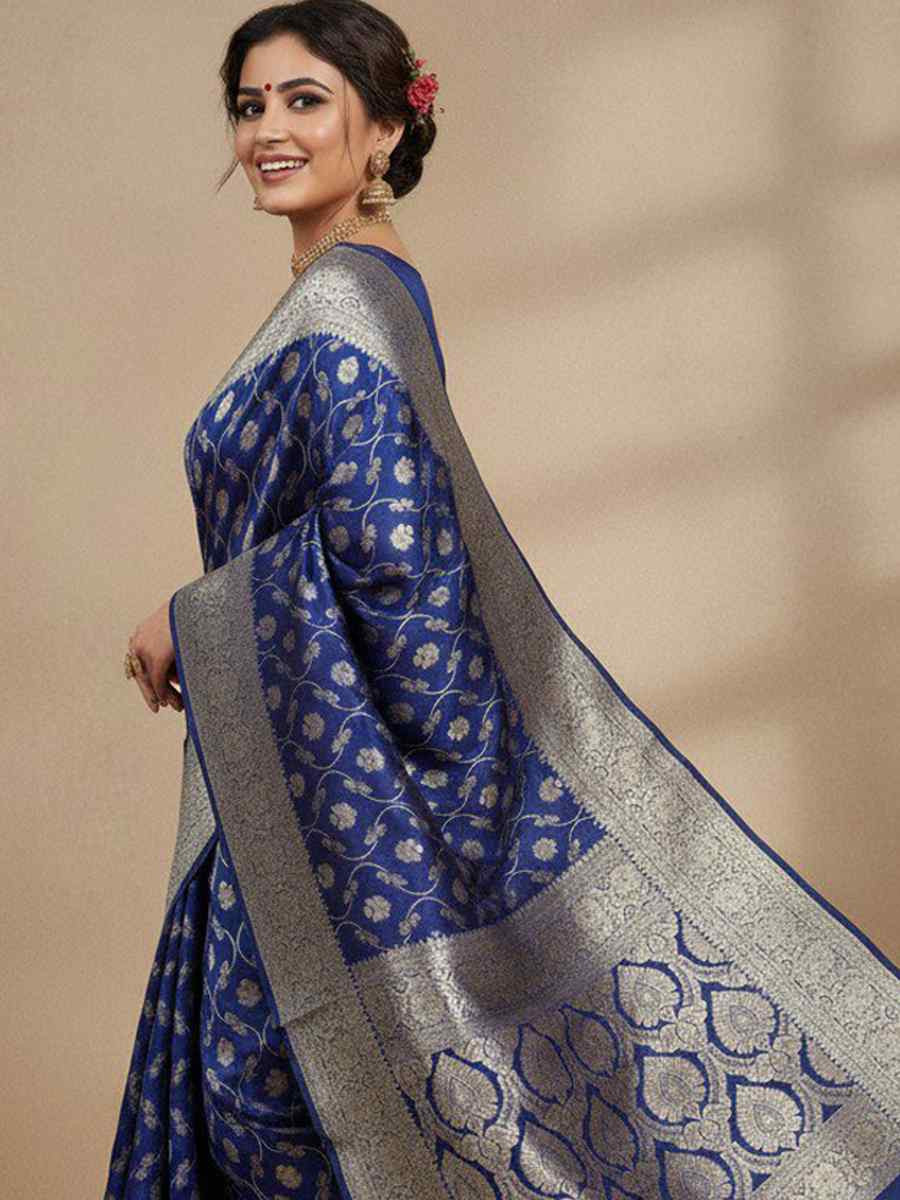 Blue Kanjivaram silk Handwoven Zari Bridal Reception Festival Wedding Fancy Heavy Border Saree