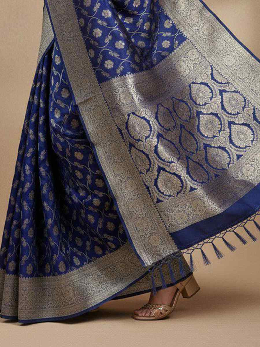Blue Kanjivaram silk Handwoven Zari Bridal Reception Festival Wedding Fancy Heavy Border Saree