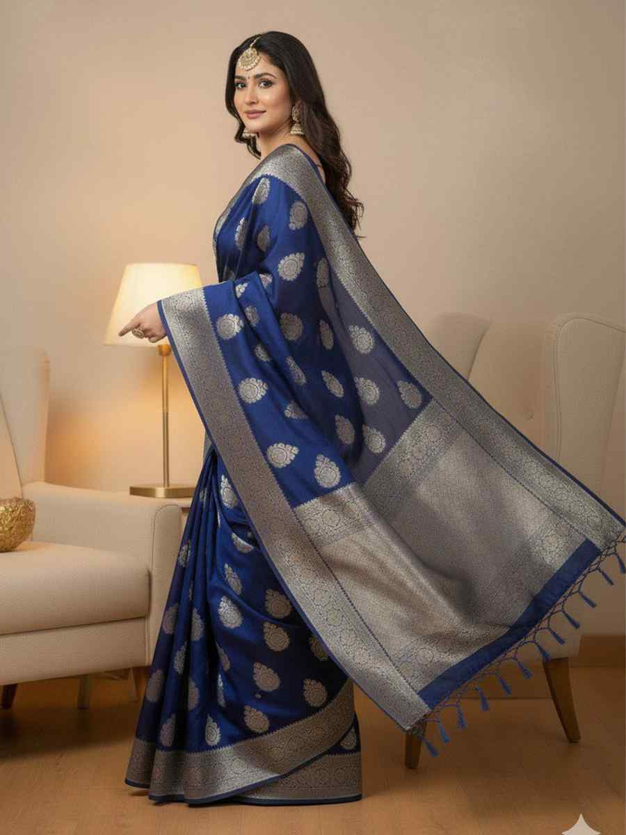 Blue Kanjivaram silk Handwoven Zari Bridal Reception Festival Wedding Fancy Heavy Border Saree