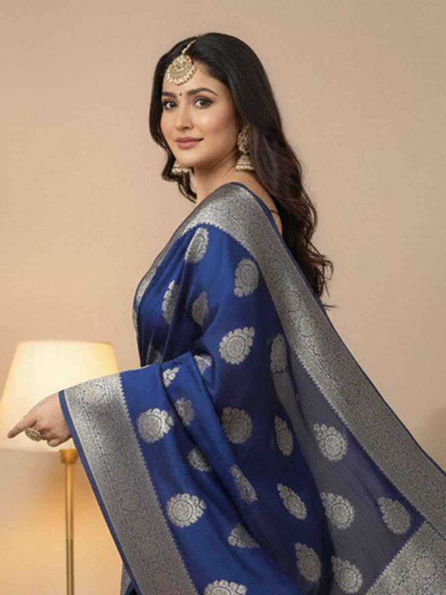 Blue Kanjivaram silk Handwoven Zari Bridal Reception Festival Wedding Fancy Heavy Border Saree