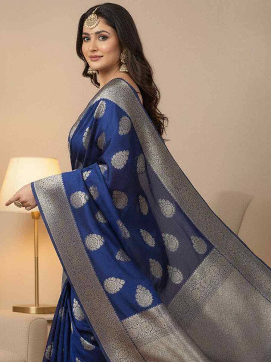 Blue Kanjivaram silk Handwoven Zari Bridal Reception Festival Wedding Fancy Heavy Border Saree