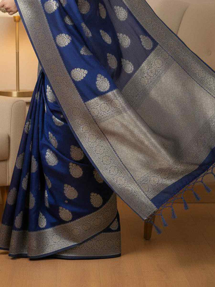 Blue Kanjivaram silk Handwoven Zari Bridal Reception Festival Wedding Fancy Heavy Border Saree