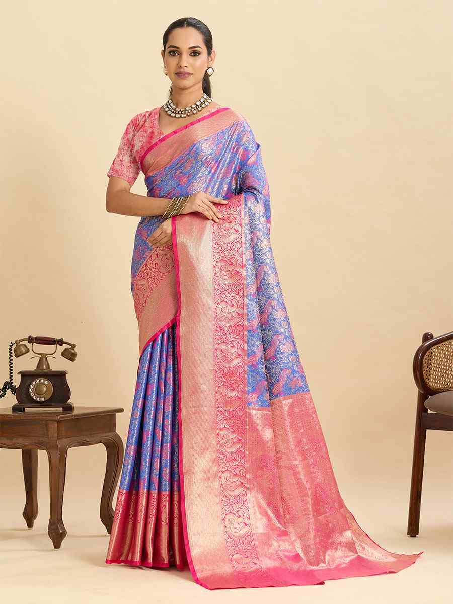 Blue Kanjivaram Silk Zari Handwoven Bridal Reception Festival Wedding Fancy Heavy Border Saree
