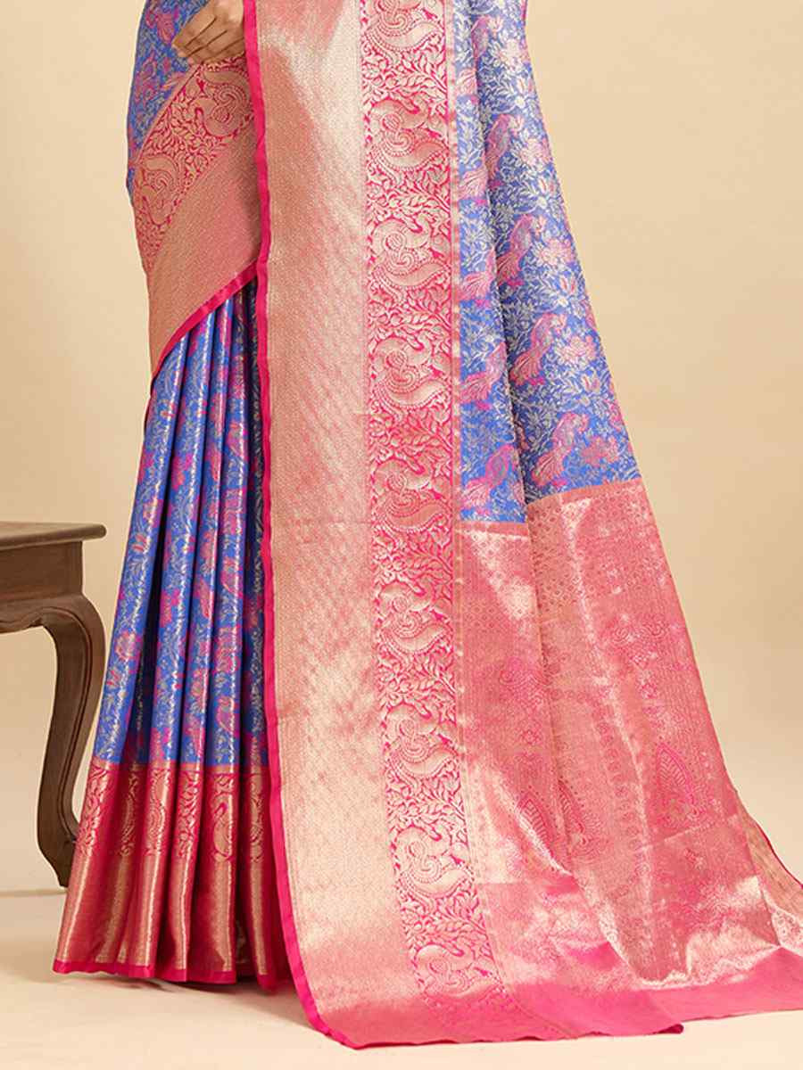Blue Kanjivaram Silk Zari Handwoven Bridal Reception Festival Wedding Fancy Heavy Border Saree