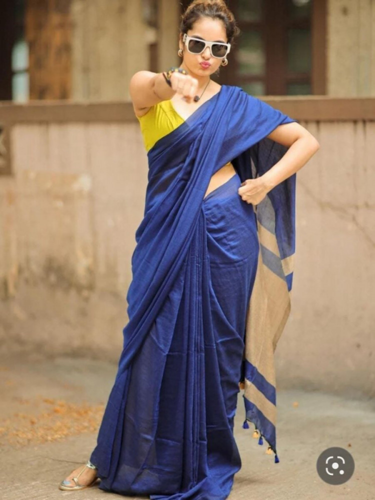 Image of Blue Khadi Cotton Plain Reception Party Casual Classic Style Sarees